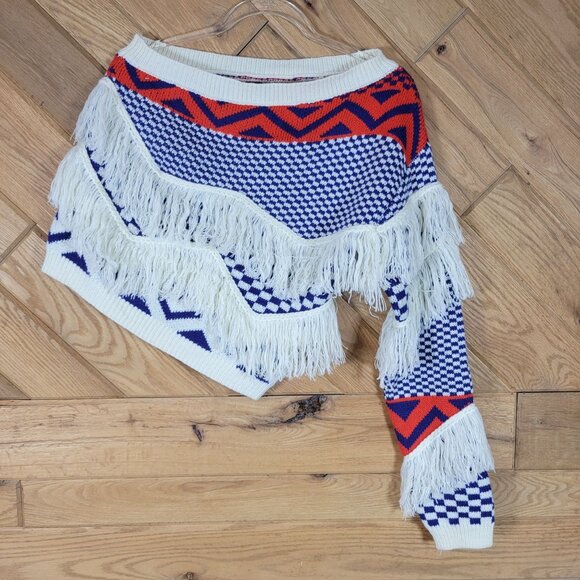 Womens Size S One Shoulder Fringe Asymmetric Knit Sweater Top Geometric Patterns - Picture 2 of 4